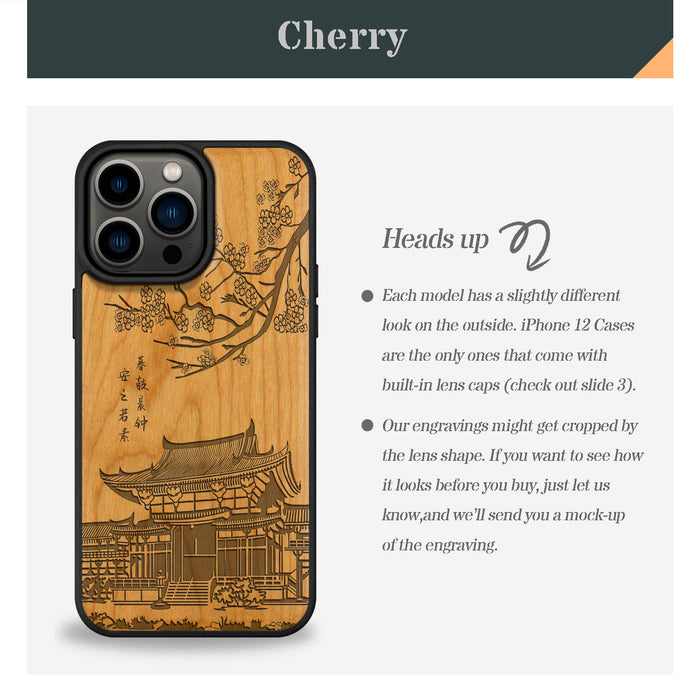 The Ancient Temple Amidst Cherry Blossoms, Classic Engraved Wood & TPU Case - Artisanal Cover for Apple iPhone