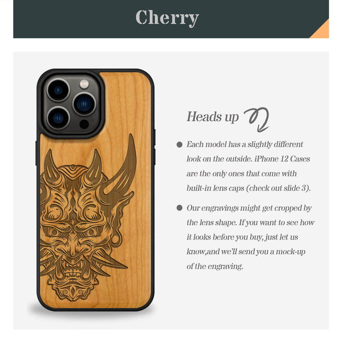 The Art of the Japanese Oni Mask, Classic Engraved Wood & TPU Case - Artisanal Cover for Apple iPhone