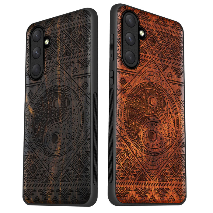 The Yin Yang Sun and Moon, Classic Engraved Wood & TPU Case - Artisanal Cover for Samsung Galaxy