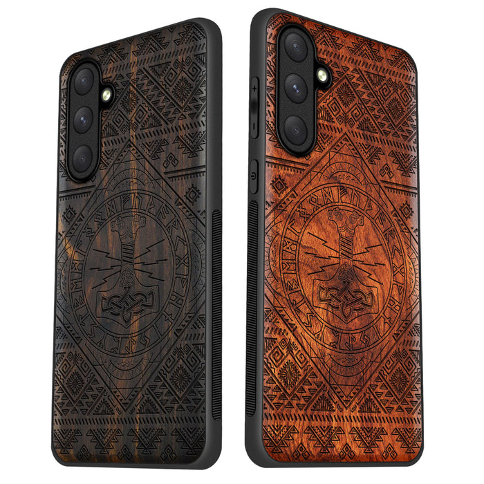 Mjollnir, Classic Engraved Wood & TPU Case - Artisanal Cover for Samsung Galaxy