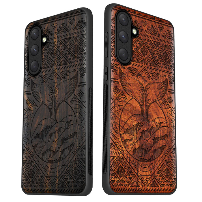 The Whale's Song Amidst Aztec Waves, Classic Engraved Wood & TPU Case - Artisanal Cover for Samsung Galaxy