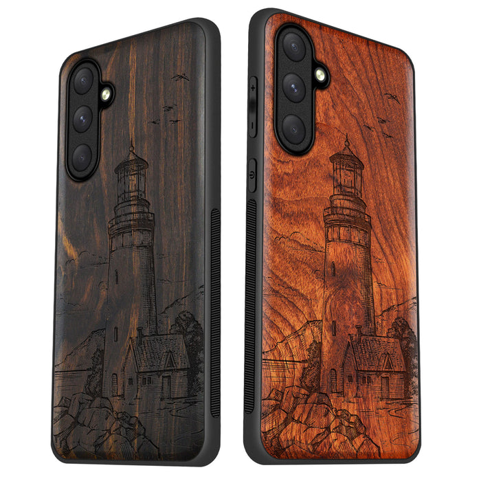 The Lighthouse, Classic Engraved Wood & TPU Case - Artisanal Cover for Samsung Galaxy