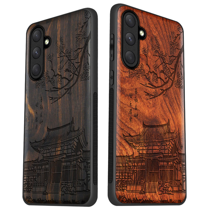 The Ancient Temple Amidst Cherry Blossoms, Classic Engraved Wood & TPU Case - Artisanal Cover for Samsung Galaxy