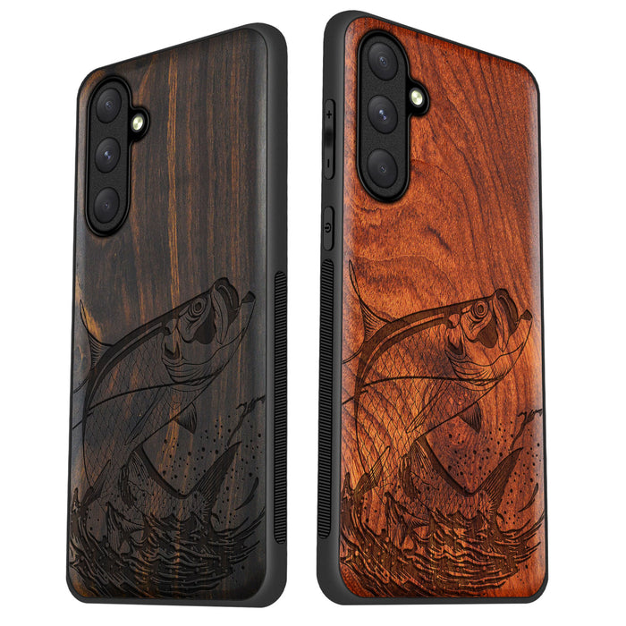 The Tarpon's Majestic Leap, Classic Engraved Wood & TPU Case - Artisanal Cover for Samsung Galaxy