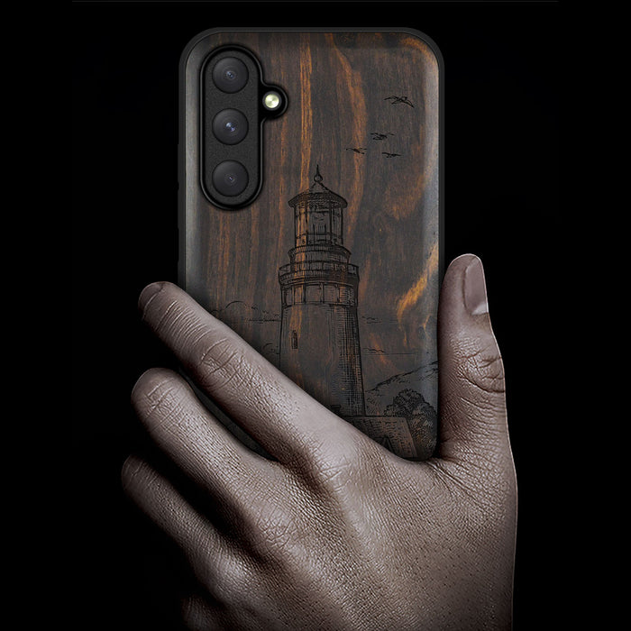 The Lighthouse, Classic Engraved Wood & TPU Case - Artisanal Cover for Samsung Galaxy