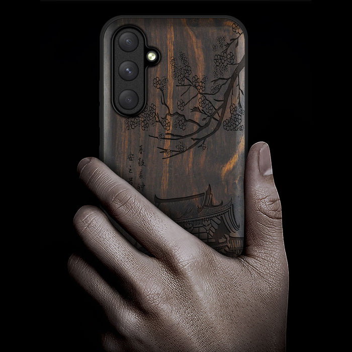 The Ancient Temple Amidst Cherry Blossoms, Classic Engraved Wood & TPU Case - Artisanal Cover for Samsung Galaxy