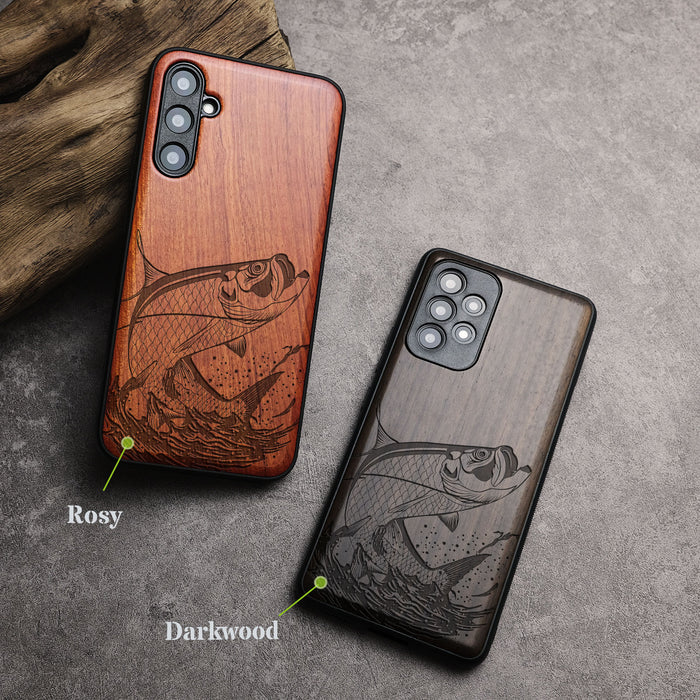 The Tarpon's Majestic Leap, Classic Engraved Wood & TPU Case - Artisanal Cover for Samsung Galaxy