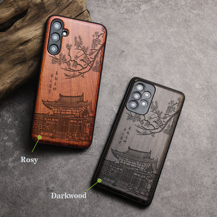 The Ancient Temple Amidst Cherry Blossoms, Classic Engraved Wood & TPU Case - Artisanal Cover for Samsung Galaxy