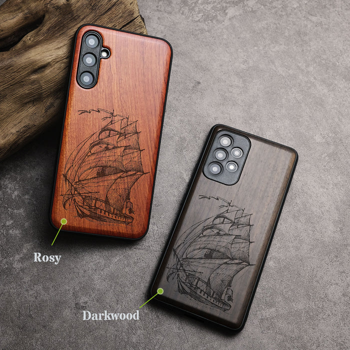 Pirate Ship Line Work, Classic Engraved Wood & TPU Case - Artisanal Cover for Samsung Galaxy