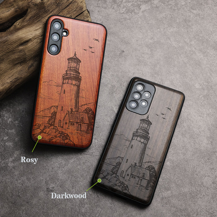 The Lighthouse, Classic Engraved Wood & TPU Case - Artisanal Cover for Samsung Galaxy