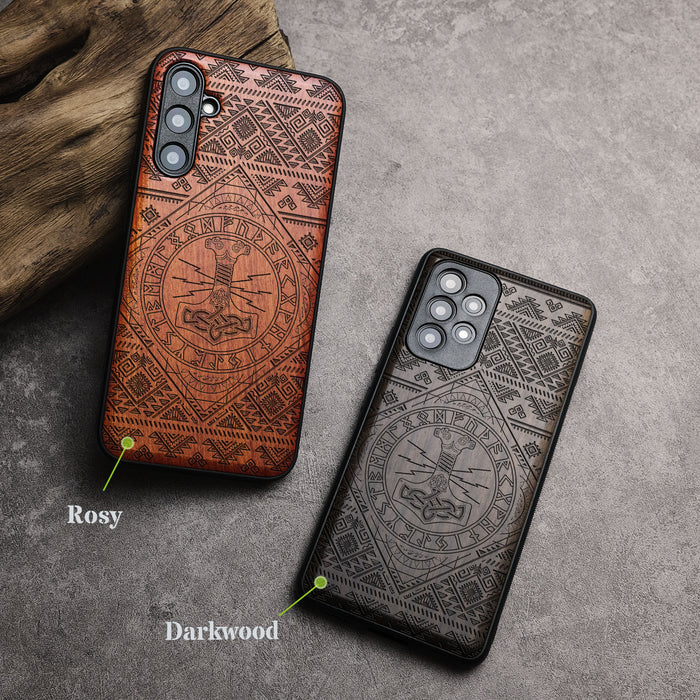 Mjollnir, Classic Engraved Wood & TPU Case - Artisanal Cover for Samsung Galaxy