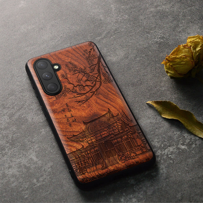 The Ancient Temple Amidst Cherry Blossoms, Classic Engraved Wood & TPU Case - Artisanal Cover for Samsung Galaxy