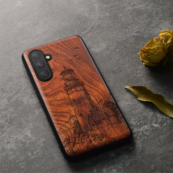 The Lighthouse, Classic Engraved Wood & TPU Case - Artisanal Cover for Samsung Galaxy