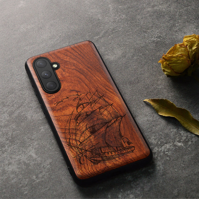 Pirate Ship Line Work, Classic Engraved Wood & TPU Case - Artisanal Cover for Samsung Galaxy