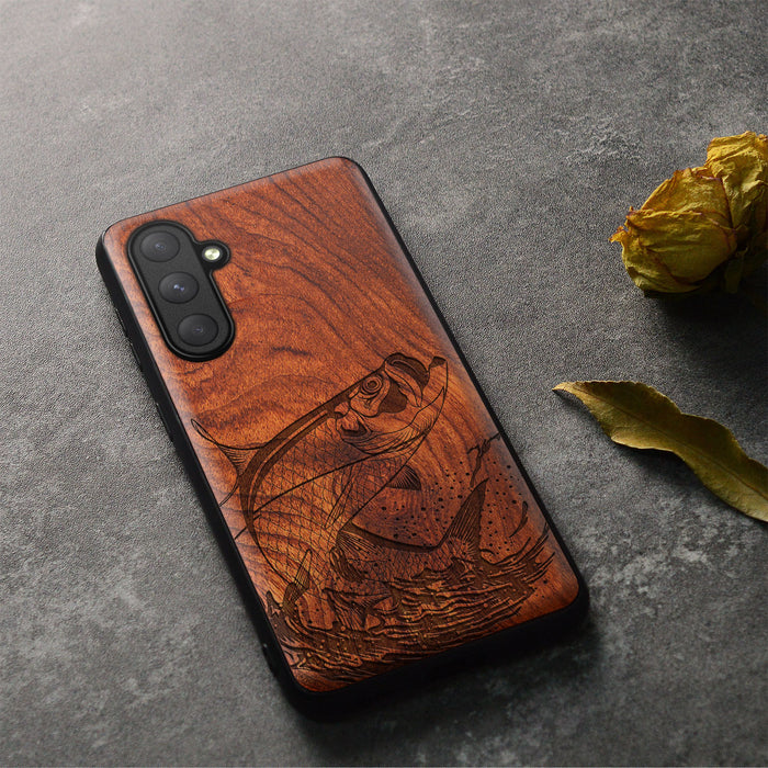 The Tarpon's Majestic Leap, Classic Engraved Wood & TPU Case - Artisanal Cover for Samsung Galaxy