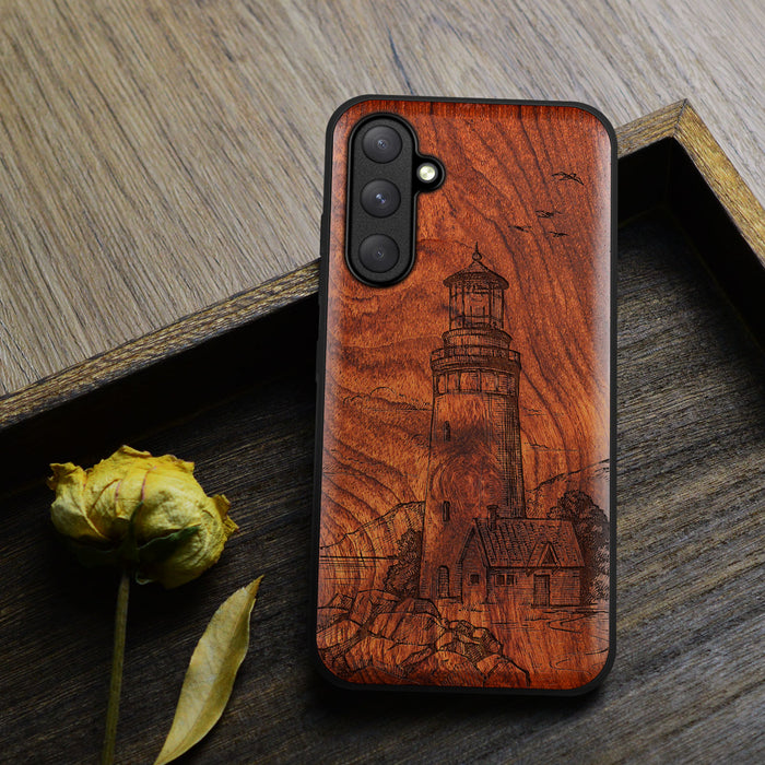 The Lighthouse, Classic Engraved Wood & TPU Case - Artisanal Cover for Samsung Galaxy