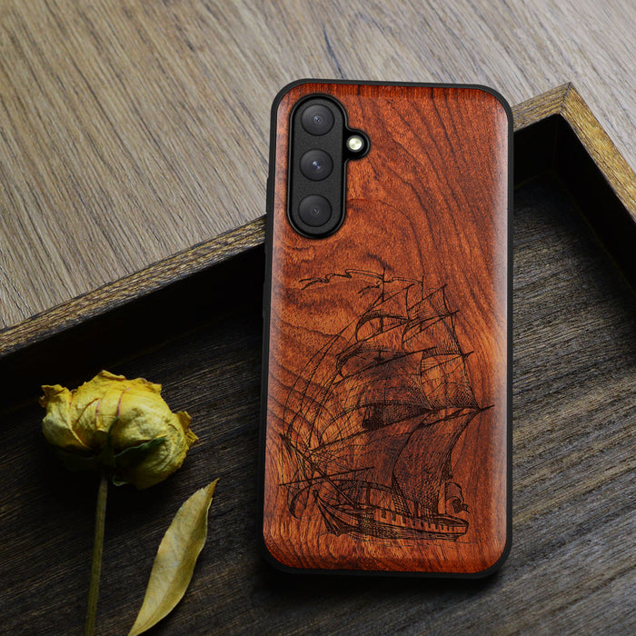 Pirate Ship Line Work, Classic Engraved Wood & TPU Case - Artisanal Cover for Samsung Galaxy