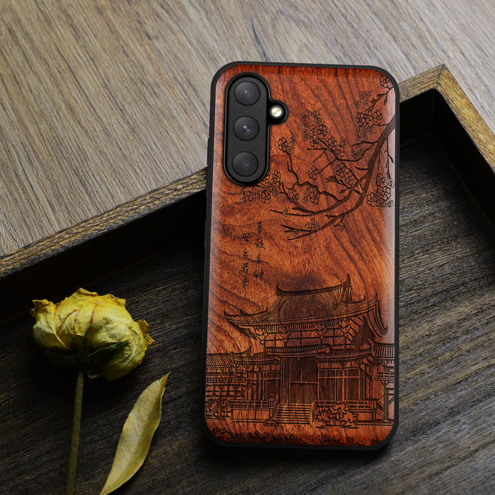 The Ancient Temple Amidst Cherry Blossoms, Classic Engraved Wood & TPU Case - Artisanal Cover for Samsung Galaxy