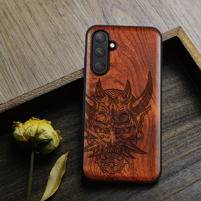 The Art of the Japanese Oni Mask, Classic Engraved Wood & TPU Case - Artisanal Cover for Samsung Galaxy