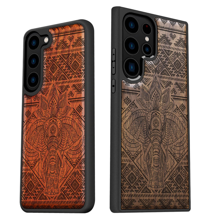 The African Elephant and the Aztec Voyage, Classic Engraved Wood & TPU Case - Artisanal Cover for Samsung Galaxy