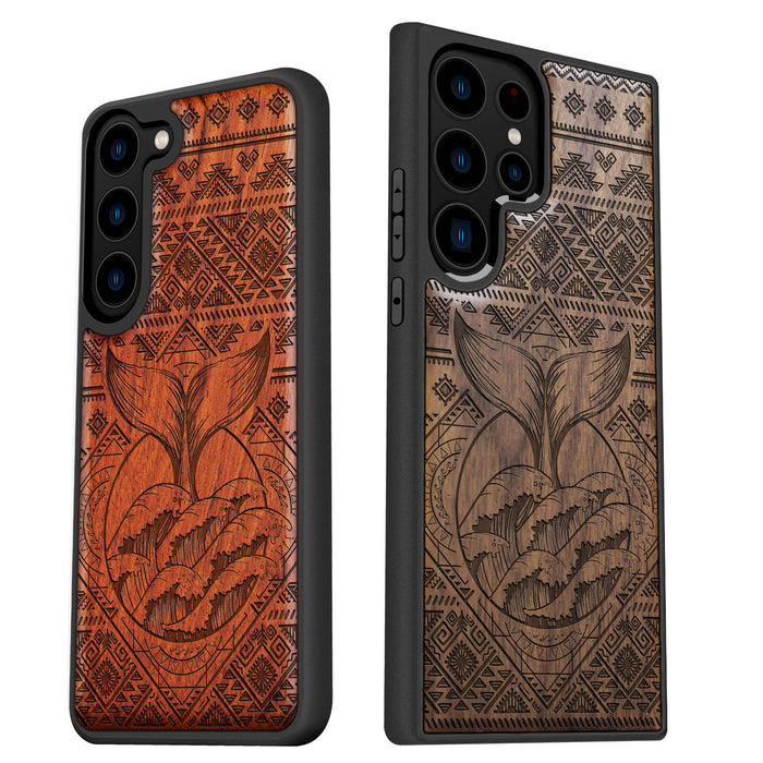 The Whale's Song Amidst Aztec Waves, Classic Engraved Wood & TPU Case - Artisanal Cover for Samsung Galaxy