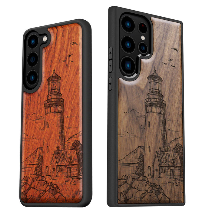 The Lighthouse, Classic Engraved Wood & TPU Case - Artisanal Cover for Samsung Galaxy