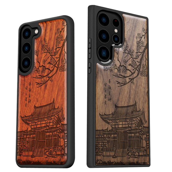 The Ancient Temple Amidst Cherry Blossoms, Classic Engraved Wood & TPU Case - Artisanal Cover for Samsung Galaxy