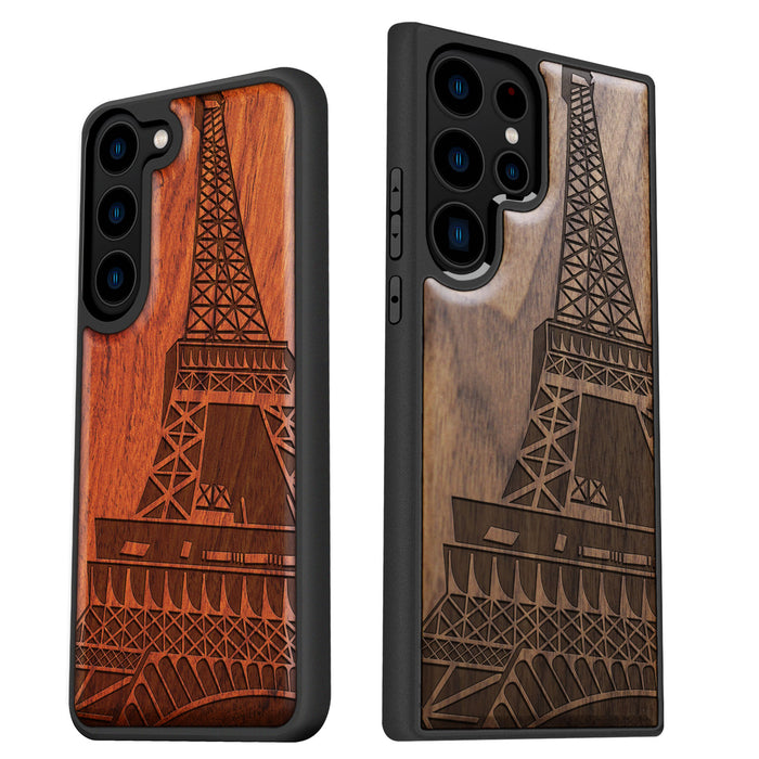 The Eiffel Tower in Geometric Splendour, Classic Engraved Wood & TPU Case - Artisanal Cover for Samsung Galaxy