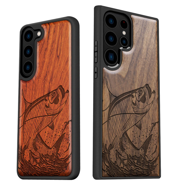 The Tarpon's Majestic Leap, Classic Engraved Wood & TPU Case - Artisanal Cover for Samsung Galaxy