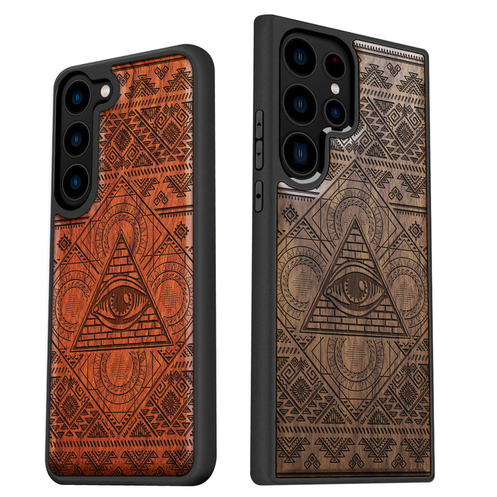 The All-Seeing Eye and the Aztec Voyage, Classic Engraved Wood & TPU Case - Artisanal Cover for Samsung Galaxy