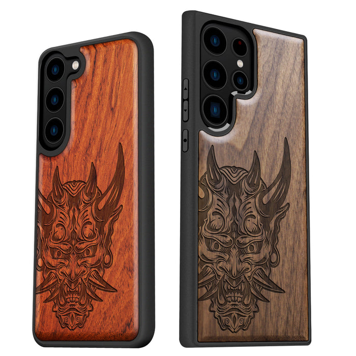 The Art of the Japanese Oni Mask, Classic Engraved Wood & TPU Case - Artisanal Cover for Samsung Galaxy