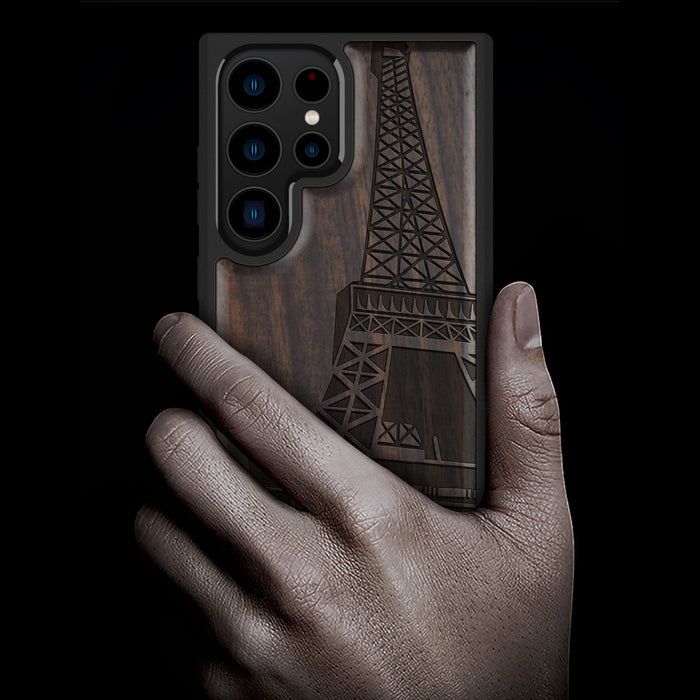 The Eiffel Tower in Geometric Splendour, Classic Engraved Wood & TPU Case - Artisanal Cover for Samsung Galaxy