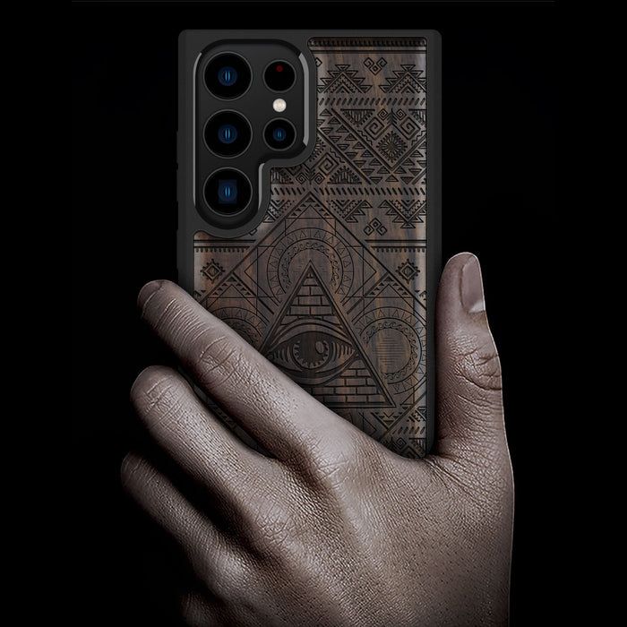 The All-Seeing Eye and the Aztec Voyage, Classic Engraved Wood & TPU Case - Artisanal Cover for Samsung Galaxy