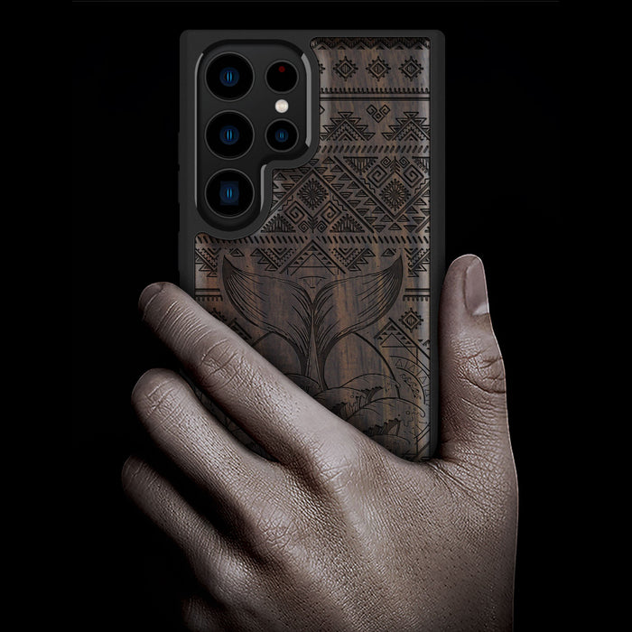 The Whale's Song Amidst Aztec Waves, Classic Engraved Wood & TPU Case - Artisanal Cover for Samsung Galaxy