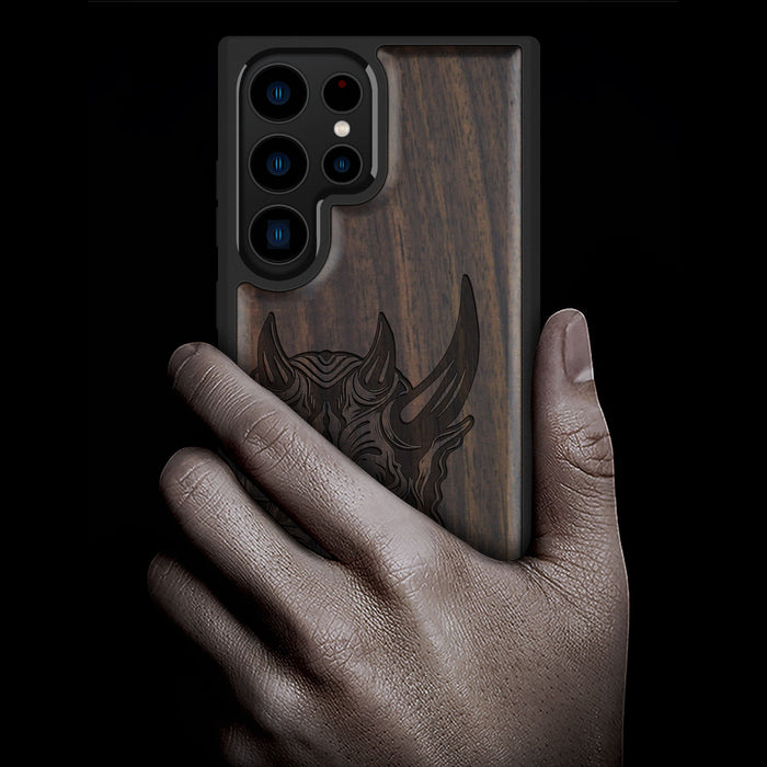 The Art of the Japanese Oni Mask, Classic Engraved Wood & TPU Case - Artisanal Cover for Samsung Galaxy