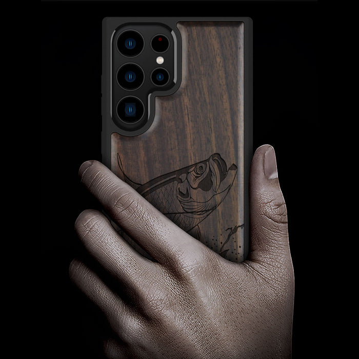 The Tarpon's Majestic Leap, Classic Engraved Wood & TPU Case - Artisanal Cover for Samsung Galaxy