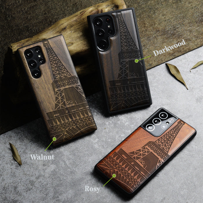 The Eiffel Tower in Geometric Splendour, Classic Engraved Wood & TPU Case - Artisanal Cover for Samsung Galaxy