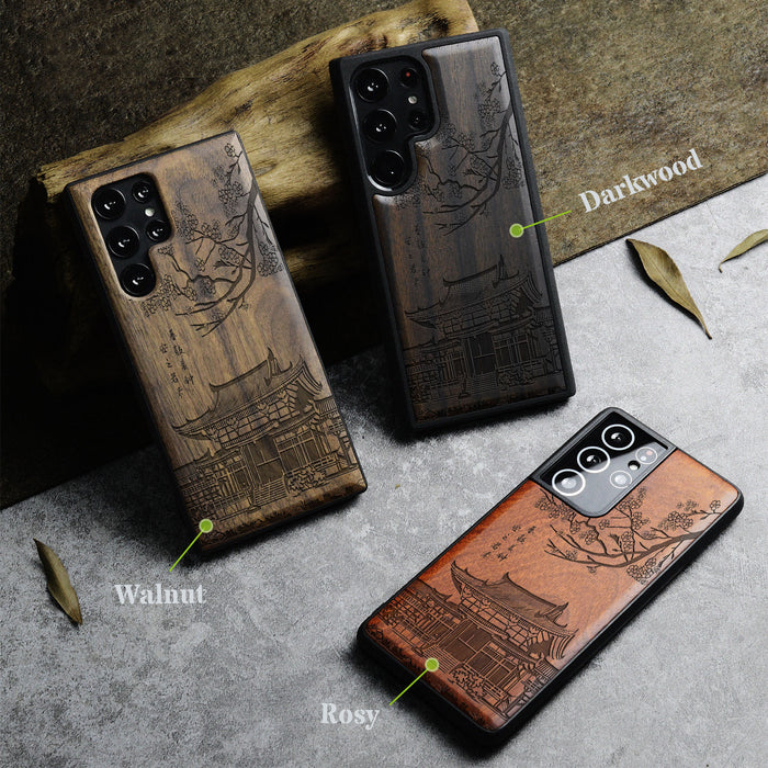 The Ancient Temple Amidst Cherry Blossoms, Classic Engraved Wood & TPU Case - Artisanal Cover for Samsung Galaxy