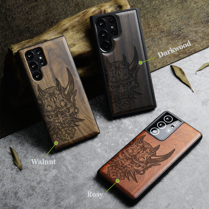 The Art of the Japanese Oni Mask, Classic Engraved Wood & TPU Case - Artisanal Cover for Samsung Galaxy