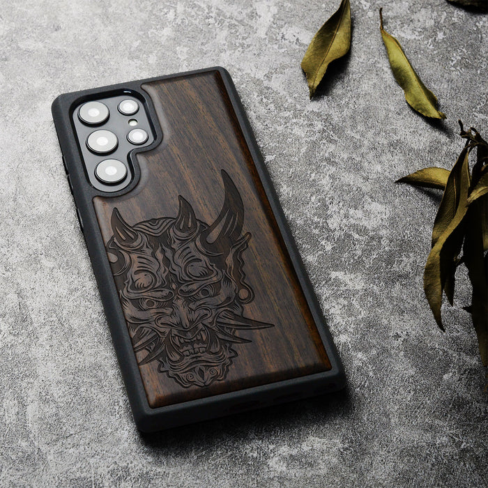 The Art of the Japanese Oni Mask, Classic Engraved Wood & TPU Case - Artisanal Cover for Samsung Galaxy