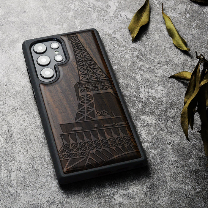 The Eiffel Tower in Geometric Splendour, Classic Engraved Wood & TPU Case - Artisanal Cover for Samsung Galaxy