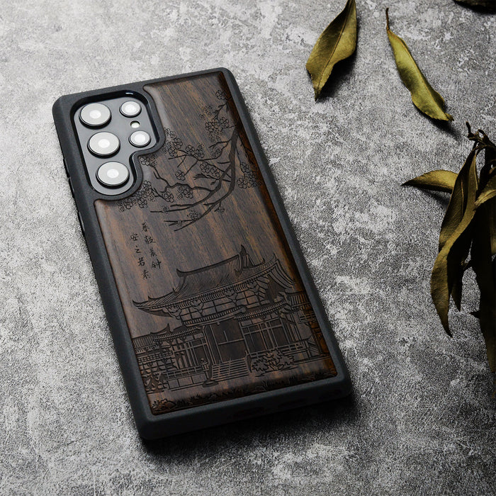 The Ancient Temple Amidst Cherry Blossoms, Classic Engraved Wood & TPU Case - Artisanal Cover for Samsung Galaxy