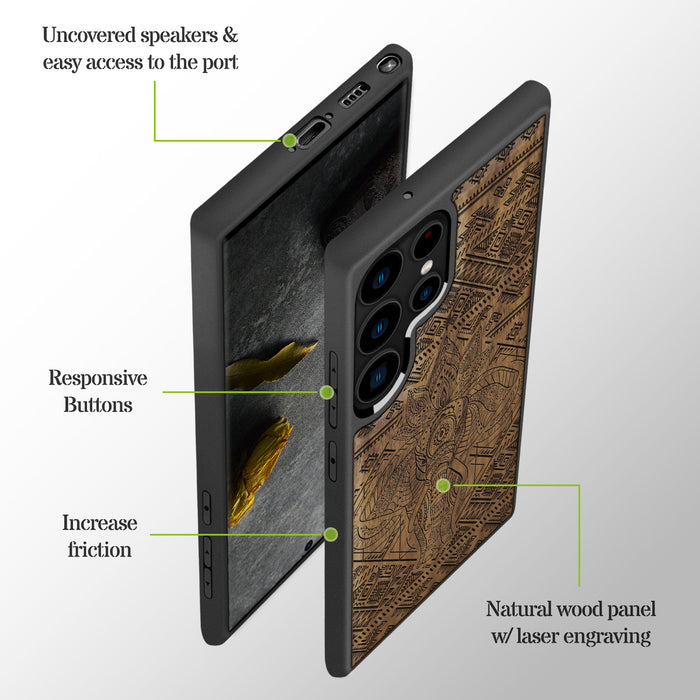 The African Elephant and the Aztec Voyage, Classic Engraved Wood & TPU Case - Artisanal Cover for Samsung Galaxy