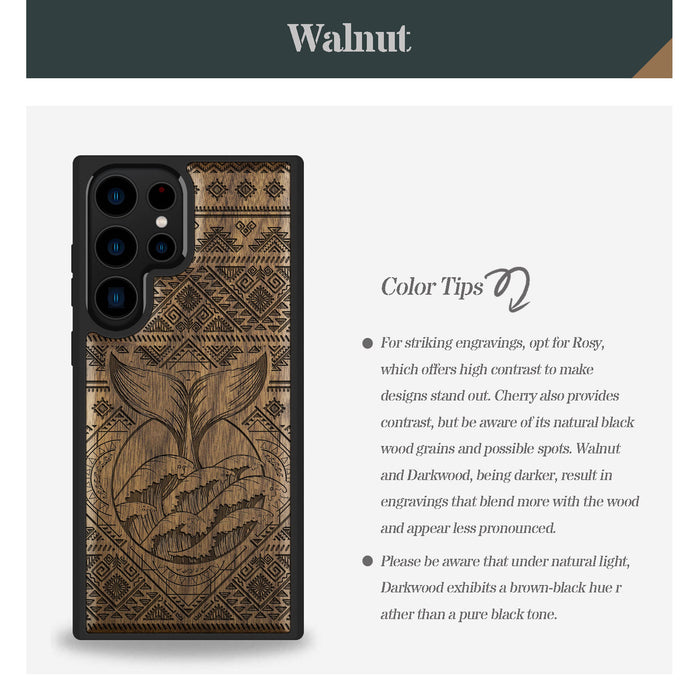 The Whale's Song Amidst Aztec Waves, Classic Engraved Wood & TPU Case - Artisanal Cover for Samsung Galaxy